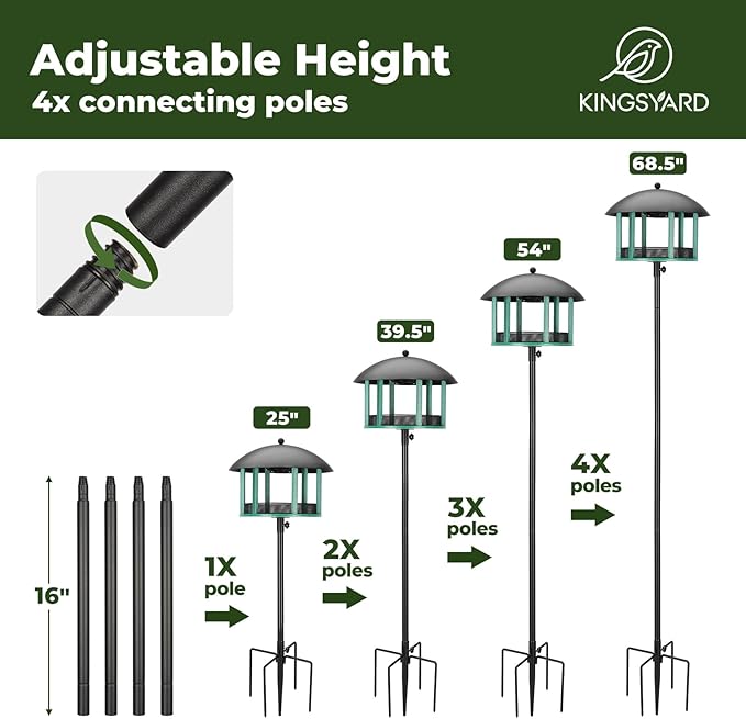 Kingsyard Large Platform Bird Feeder for Outside, Tray Bird Feeder with Weather Protective Dome & Universal Pole Kit, 5 lbs Seed Capacity, Green