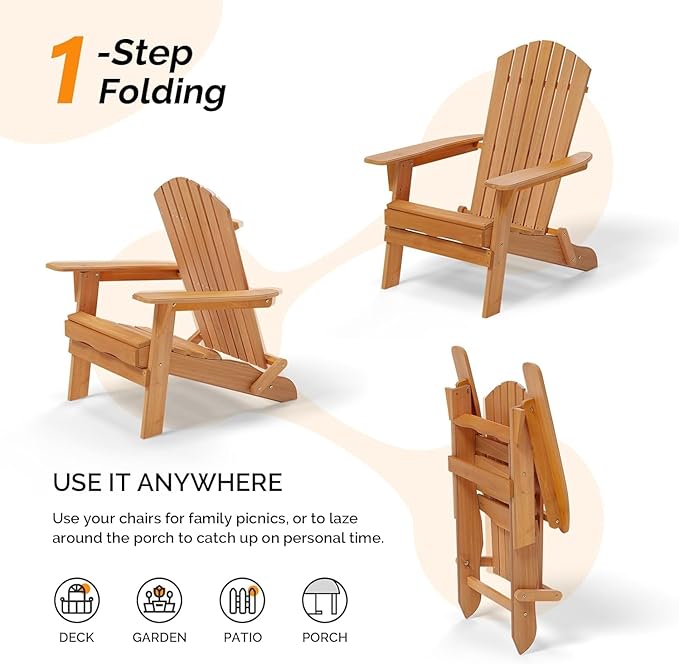 VINGLI Folding Adirondack Chairs Set of 2, Wood Adirondack Chair for Outdoor, Foldable Fire Pit Chairs for Patio, BBQ, Porch, Yard, Pool, Teak