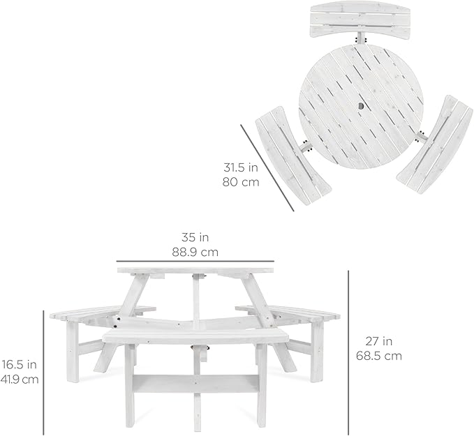 Best Choice Products 6-Person Circular Outdoor Wooden Picnic Table for Patio, Backyard, Garden, DIY w/ 3 Built-in Benches, 500lb Capacity - White