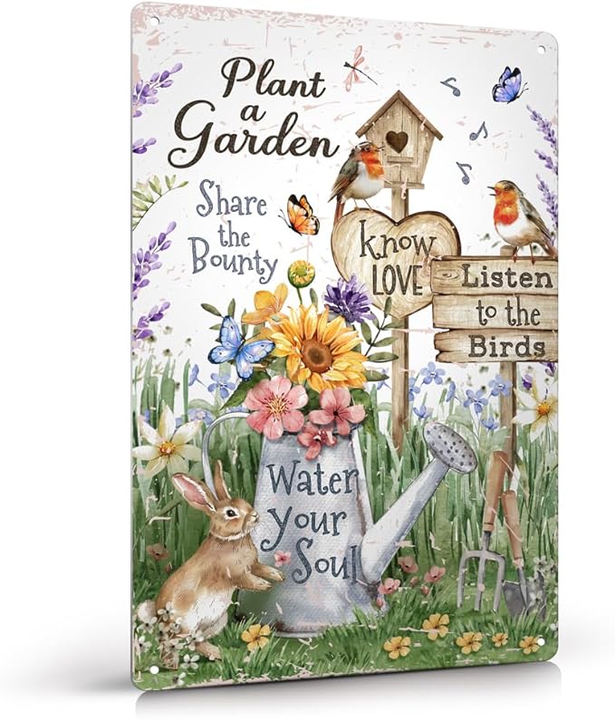 Garden Metal Decor Signs-Plant A Garden,Share the Bounty, Listen to the Birds, Water Your Soul Metal Sign for Gardeners Plant Lovers 12"x8"