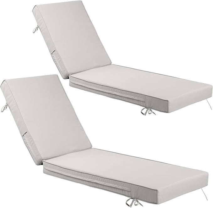 Chaise Lounge Cushions Outdoor Set of 2, Waterproof & Fade Resistant Patio Lounger Cushions, Replacement Sun Lounger Pads with Removable Cover for Pool, Deck, Lawn Furniture