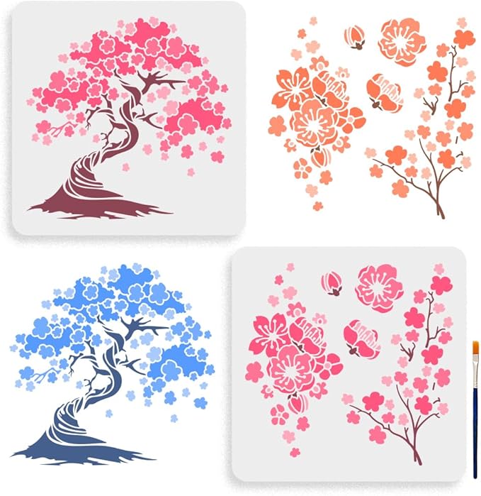 MAYJOYDIY 2pcs Cherry Blossoms Stencils 11.8×11.8inch Large Blooming Stencil with Paint Brush Square Japanese Style Drawing Template for Wood Walls Canvas Furniture Crafts Art Projects
