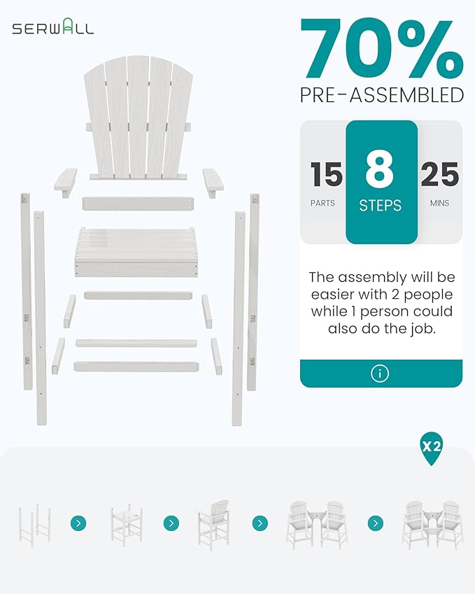 SERWALL Tall Adirondack Chairs Set of 2 with Double Layer Connecting Tray, HDPE Bar Height Outdoor Chairs, Wood-Like Adirondack Bar Stools for Patio, Balcony, Porch, White