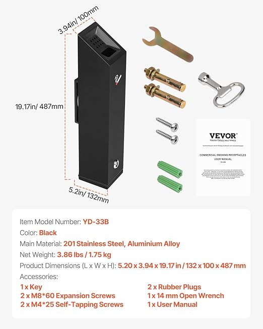 VEVOR Stainless Steel Outdoor Trash Can, Wall Mounted Weatherproof Lockable Cuboid Trash Container, Butt Receptacle for Garden, Office, Restaurant, Hotel, Bar, Black