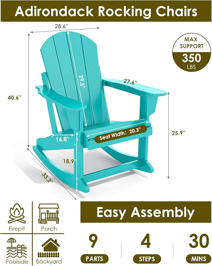 GREENVINES Adirondack Rocking Chairs Set of 4 | HDPE Plastic | Porch Rocker | Chair for Outdoor Patio Deck | All Weather | Aqua