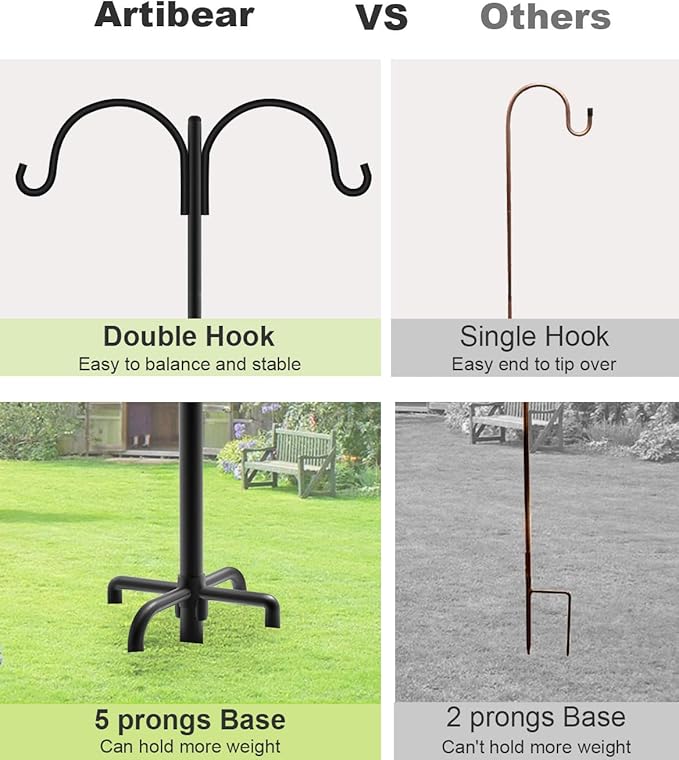Artibear Double Shepherd Hooks for Outdoor, 76" Heavy Duty Bird Feeder Hangers Garden Hooks with 5-Prong Base, Outside Hanging Pole for Plant Baskets, Solar Light Lanterns, Wind Chimes, 2 Pack