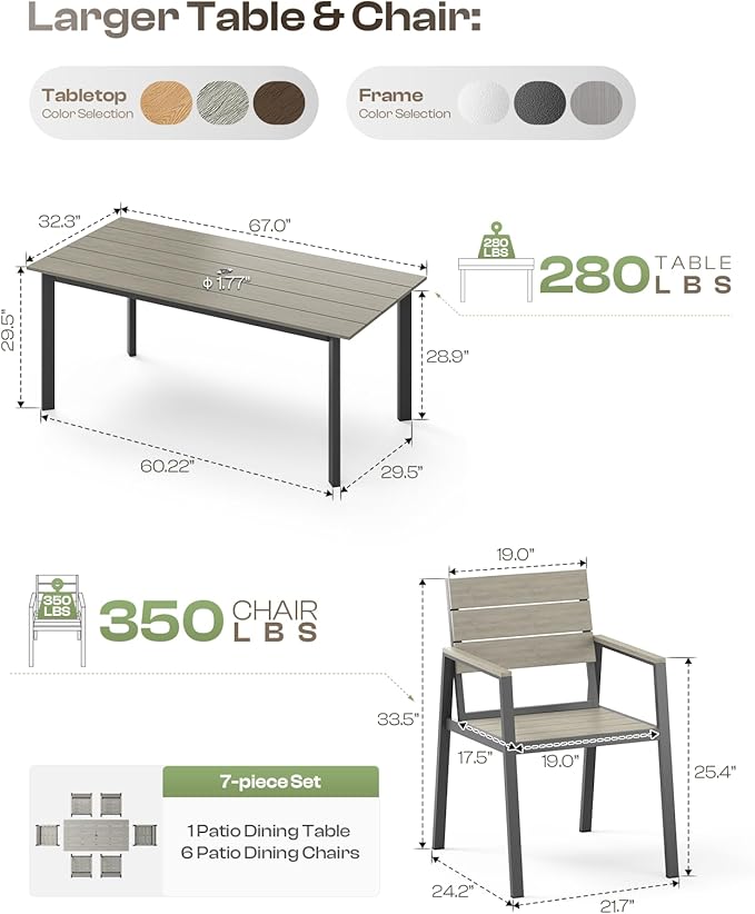Outdoor Dining Set for 6, Aluminum Patio Table and Chairs Set with Umbrella Hole, 7 Pieces HDPS Outdoor Furniture Sets for Patio, Garden (Gray)