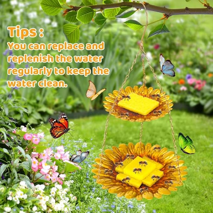 DECOHS Double-Deck Bee Feeder with Vivid Flower Design, Anti-Rust Iron Butterfly Bee Watering Stations with 2 Sponge, Hanging Butterfly Bath Bowl Bee Drinking Cup for Garden Yard Outdoor Decor