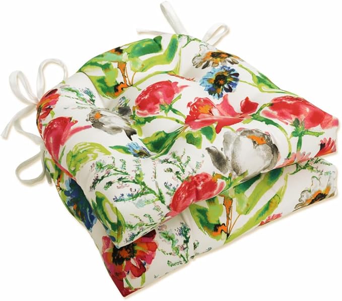 Pillow Perfect Bright Floral Indoor/Outdoor Chairpad with Ties, Reversible, Tufted, Weather, and Fade Resistant, 15.5" x 16", Pink/Blue Flower Mania, 2 Count