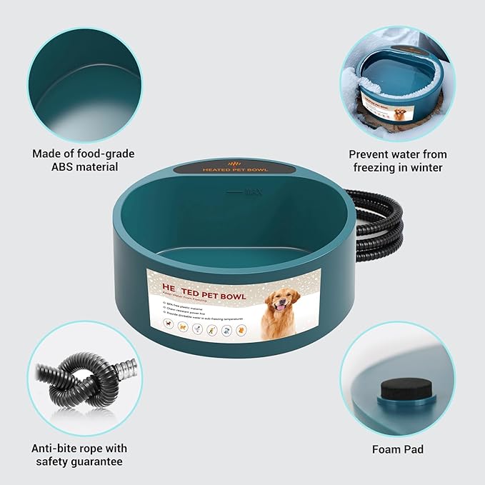 PETLESO Heated Water Bowl for Dogs, Heated Dog Bowl for Cats Birds Chickens Water Heater, Outdoor Pet Heating Dish Provides Drinkable Water in Frozon Winter, 2.2L