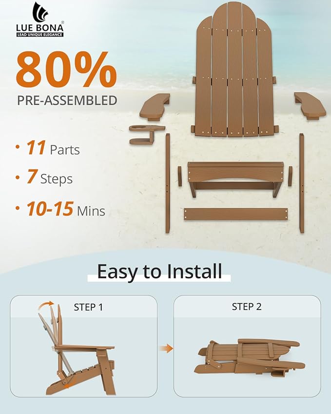 LUE BONA Folding Adirondack Chair, Chairs Set of 2, Cup Holder, Woodgrain, Fire Pit, Patio, Pool, Brown