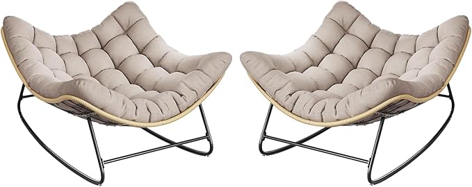 Outdoor Rocking Chair, 2 PCS Indoor Papasan Chairs, Oversized Egg Rocking Chair with Thick Cushion, Rattan Wicker Rocker Lounge Chair for Bedroom, Living Room, Patio, Garden, Porch (Beige)