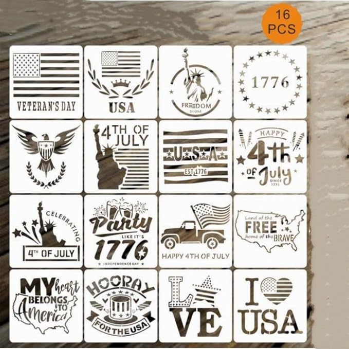 16 pcs Independence Day Stencils Reusable,8x8 4th of July Stencils for Painting American Flag Stencil for Scrapbooking Drawing Wall Floor Decoration DIY Painting Projects (Independence Day-16pcs)
