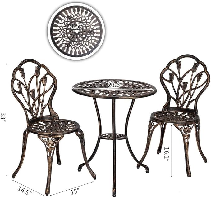 VINGLI 3 PCS Outdoor Bistro Set, Outdoor Patio Set, All-Weather Cast Aluminum Bistro Table Set, Bistro Table and Chairs Set of 2 for Backyard, Garden, Balcony (Bronze, Tulip)