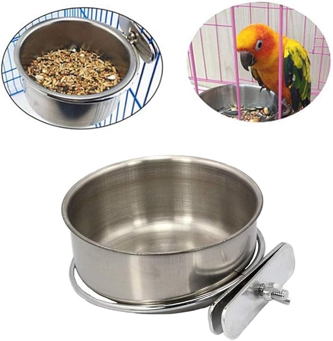 PINVNBY 2PCS Parrot Feeding Cups Birds Food Dish Stainless Steel Parrot Feeders Water Cage Bowls with Clamp Holder for Cockatiel Conure Parakeet Parrot Macaw Small Animal (Size: L)
