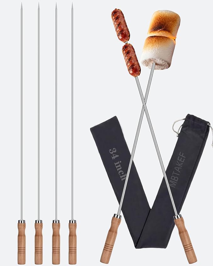 34" Stainless Steel Marshmallow Roasting Sticks with Wooden Handle,Extra Long Metal Smores Skewers for Fire Pit,BBQ Barbecue Skewers for Outdoor Campfire,Grilling,kebob,Hotdog,Sausage-(4 PCS)