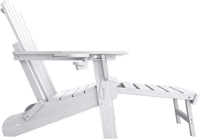 Folding Adjustable Adirondack Chairs with Ottoman & 1 Cup Holders, HDEP Multifunctional Adirondack Chair with Footrest,White