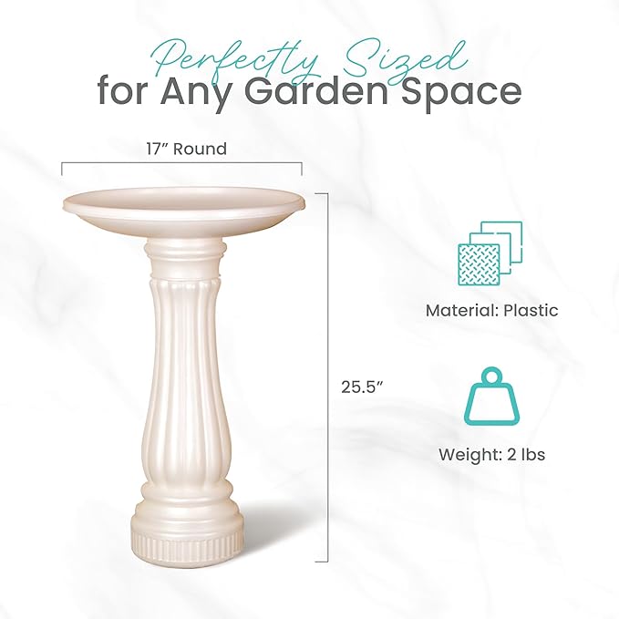 Bird Bath for Outside, Round Outdoor Patio Lawn and Garden Decor with Fillable Base for Stability, 17"D x 25"H, White