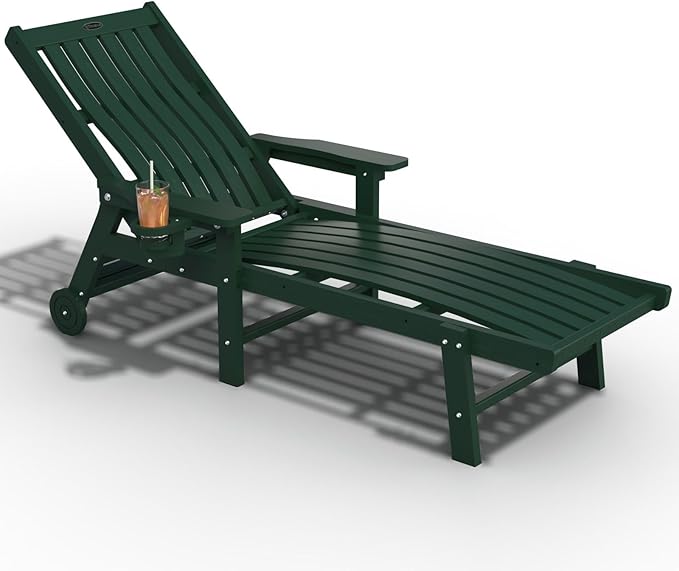 Patio Chaise Lounge Chair, Oversized Lounge Chair Outdoor with 5 Positions, HDPE, Patio Lounge Chair with Wheels & Cup Holder for Pool, Deck, Poolside,Green