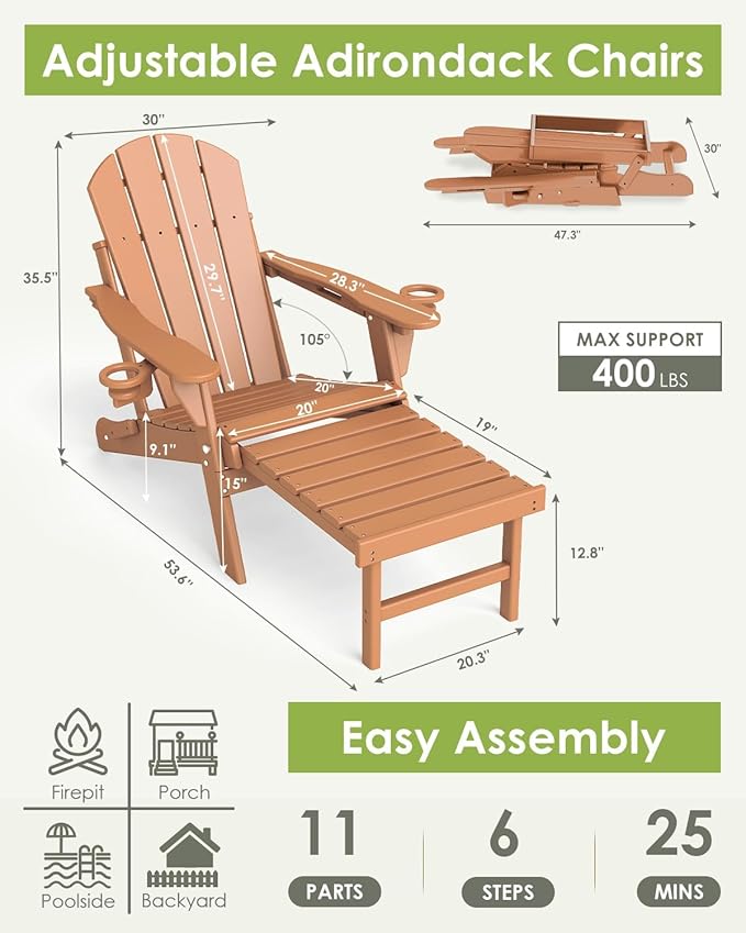 GREENVINES Adjustable Adirondack Chair with Retractable Ottoman Set of 4 | Folding | HDPE Plastic | Fire Pit Chairs w/Foot Rest | 2 Cup Holders | Teak | for Outdoor Patio Poolside Deck
