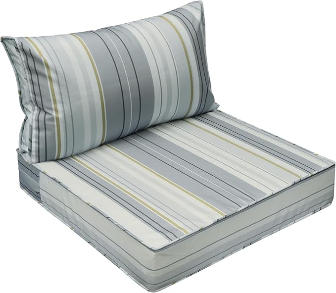 AAAAAcessories Outdoor Seat Cushions for Chairs, Fade-Resistant, Waterproof Patio Furniture Replacement Cushions, 24" x 24" x 5" + 24" x 13.5", Ash Blue Harbor Stripe