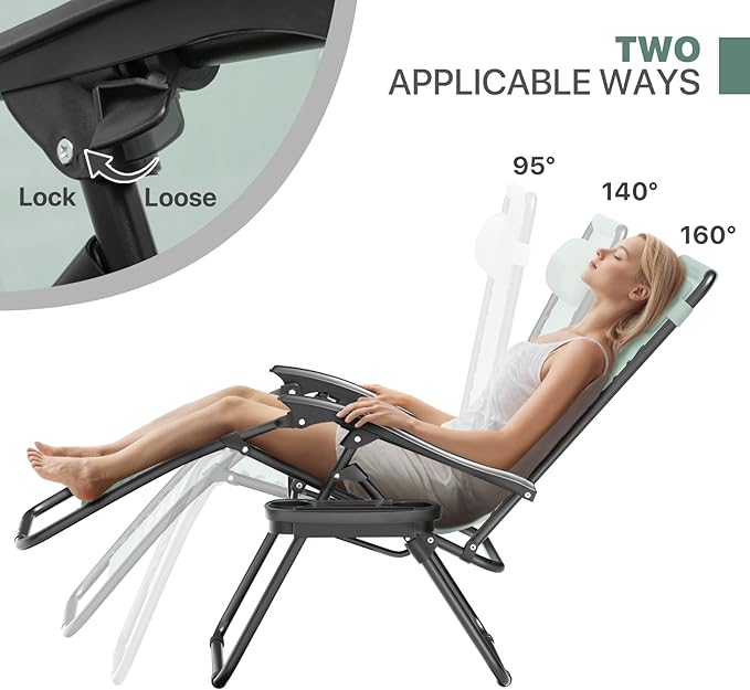 Magshion Zero Gravity Lounge Chairs Set of 2, Outdoor Patio Reclining Chair with Side Tray, Adjustable Anti-Gravity Recliners with Pillow Headrest, Folding Lounger for Lawn Camping Beach, Sage Green