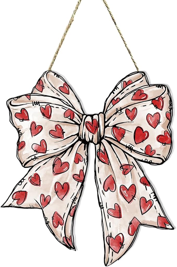 Valentines Day Wall Decor, Valentines Day Door Decorations, Gift for Boyfriend Girlfriend Husband Wife, Coquette Heart Bow Wood Hanging Sign Anniversary Porch Home Bedroom Office Door Decor