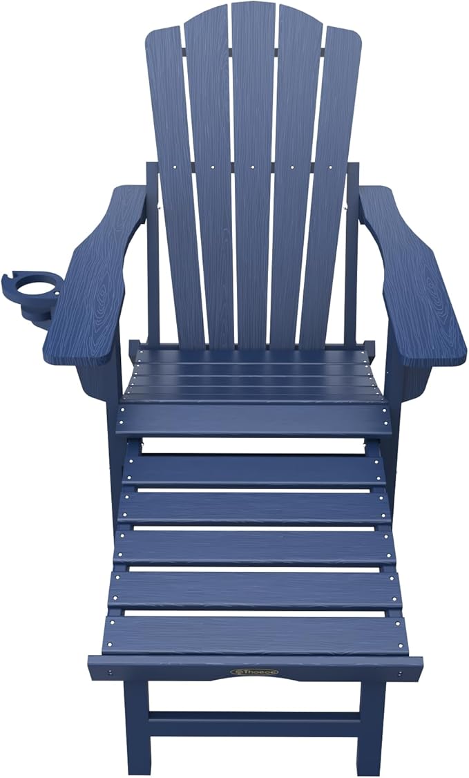 Folding Adjustable Adirondack Chairs with Ottoman & 1 Cup Holders, HDEP Multifunctional Adirondack Chair with Footrest,Navy Blue