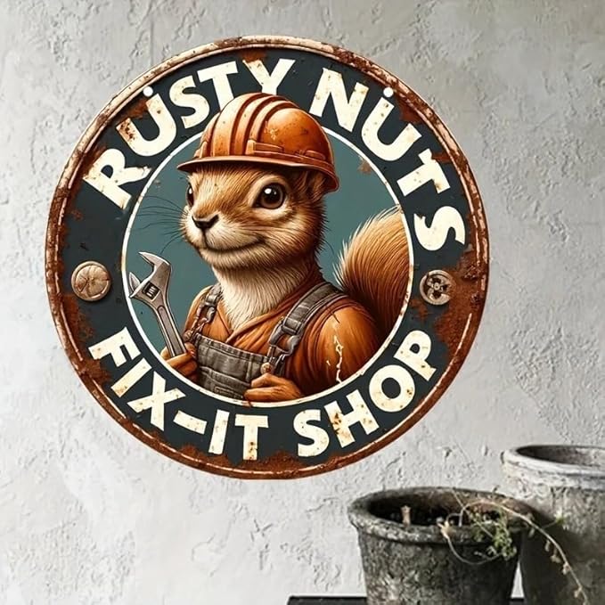 Metal Retro Shell Gasoline Wall Art, Creativity Art Decorations, Garden Sign Outside Decor，Wall Sculpture， Hanging Sculpture for Living Room Dining Room Bedroom Yard Outdoor Decor (Squirrel Worker)