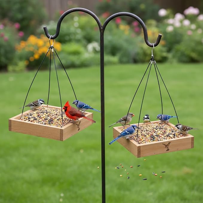 Cedar Wood Platform Tray Bird Feeder 12” - Hanging Bird Feeder for Outside Outdoor - Stainless Steel Cable Mesh Base - Weather Proof Birdfeeder for 10 Years - Longtime Outdoor Lasting Heavy Duty