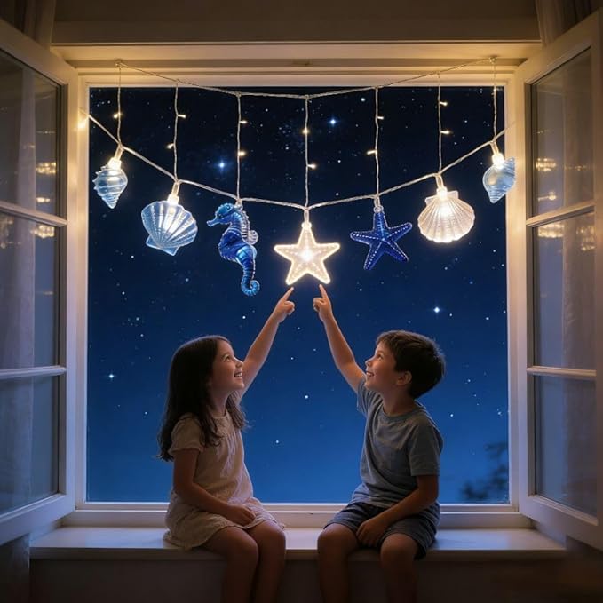 Ocean Decor String Lights Nautical Theme Seashell Seahorse Conch 9.8 ft 30 LED Battery Operated String Lights for Holiday Camping Wedding Christmas Tree Decor (Shell Star Seahorse, 9.8FT)