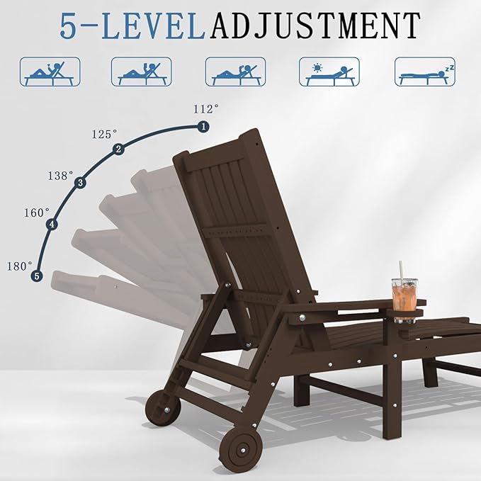 Patio Chaise Lounge Chair Set of 4, Oversized Lounge Chair Outdoor with 5 Positions, HDPE, Patio Lounge Chair with Wheels & Cup Holder for Pool, Deck, Poolside,Brown