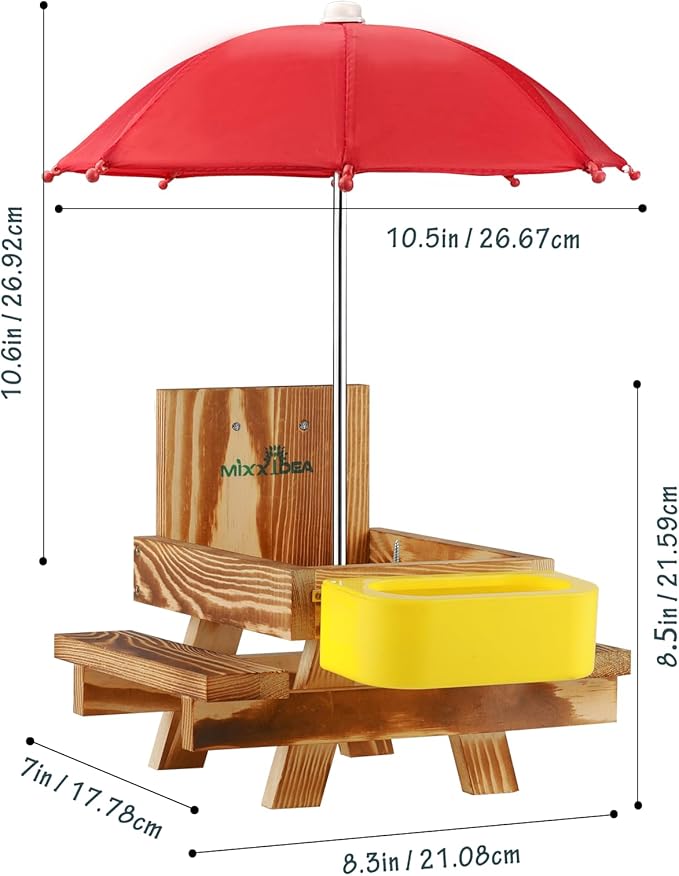 MIXXIDEA Wooden Squirrel Feeder Table with Water Bowl, Squirrel Picnic Table for Outside with Umbrella, Brown Squirrel Feeder with Corn Cob Holder Cute Chipmunk Feeder (Brown)