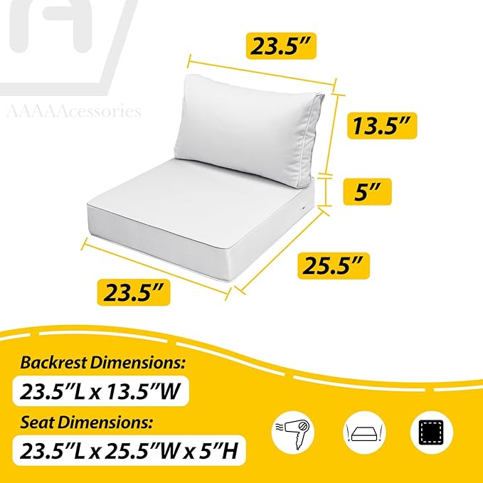 AAAAAcessories Outdoor Seat Cushions for Chairs, Fade-Resistant, Waterproof Patio Furniture Replacement Cushions, 23.5" x 25.5" x 5" + 23.5" x 13.5", Creamy White