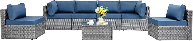 Shintenchi 7 Pieces Outdoor Patio Sectional Sofa Couch, Silver Gray PE Wicker Furniture Conversation Sets with Washable Cushions & Glass Coffee Table for Garden, Poolside, Backyard (Aegean Blue)
