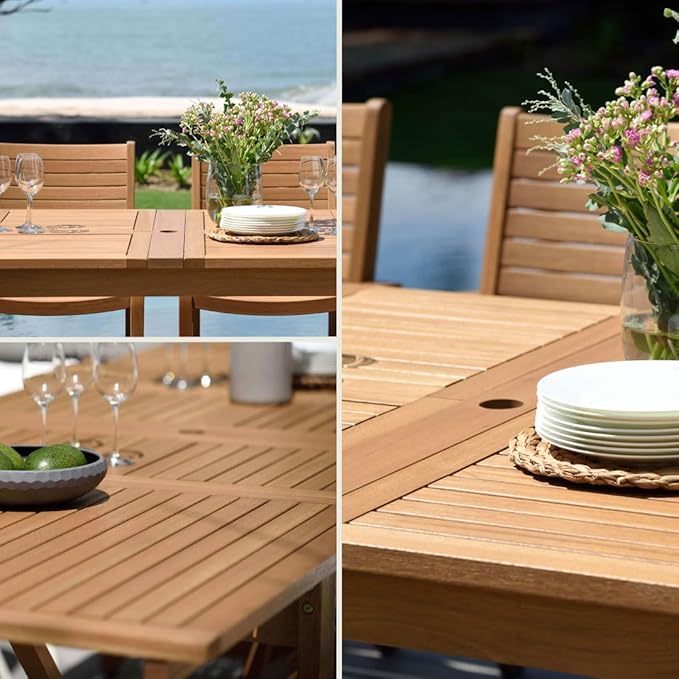 Amazonia Franklin 9-Piece Rectangular Extendable Patio Dining Set Teak Finish and Weather-Net Technology Ideal for Outdoors and Indoors