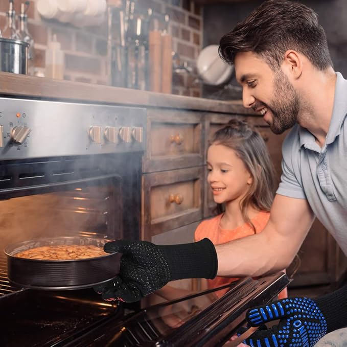 Premium BBQ Gloves, 1472°F Extreme Heat Resistant Oven Gloves, Grilling Gloves with Durable Fireproof Kitchen Oven Mitts Designed for Cooking, Grill, Frying, Baking, Barbecue (Blue+Black)