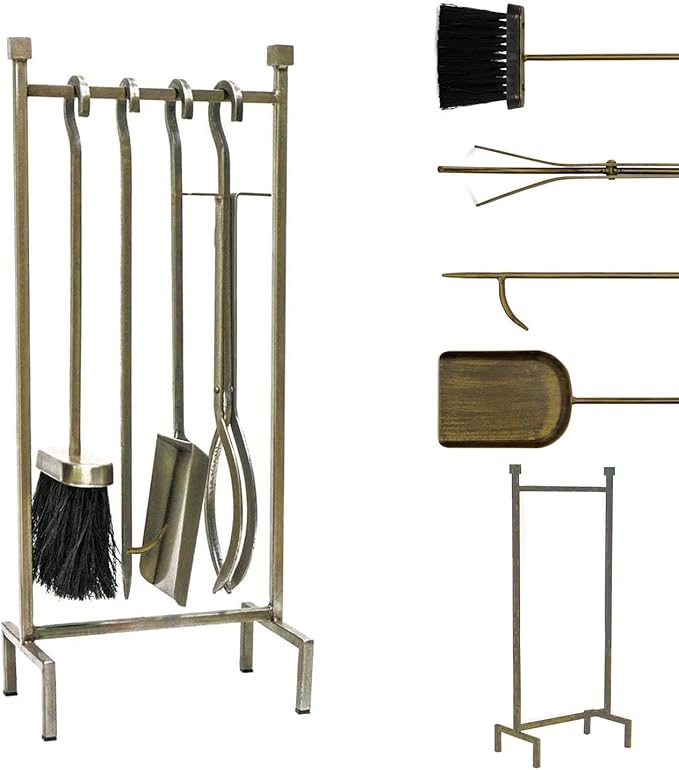 Heavy Duty Fireplace Tools Set Indoor with 31.5inch Holder - 23.6inch Extra Long Brush, Poker, Shovel & Hook - Premium Metal Fireplace Accessories Kit in Black or Bronze (Bronze)