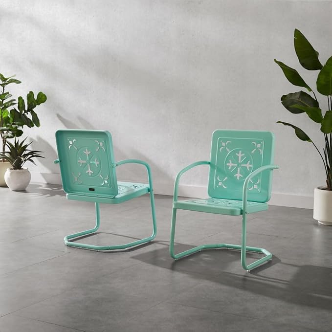 Crosley Furniture Azalea 2-Piece Outdoor Chair Set, Vintage Retro Metal Patio Chairs for Dining, Porch, Deck, Aqua Gloss