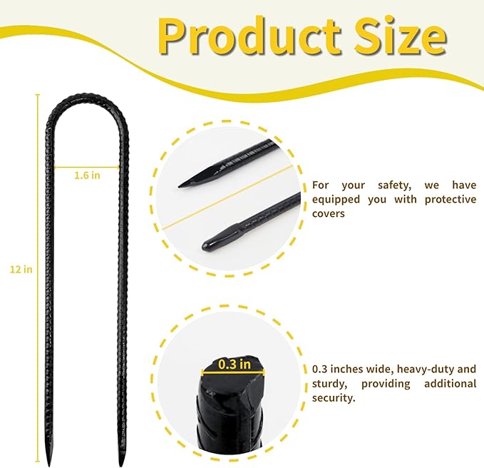 Anothera 16 Pack Steel Rebar Stakes, 12-Inch Heavy Duty U Hook Metal Fence Stake, Rustproof Ground Hooks Anchors for Tents, Plants, Fences and Trampolines