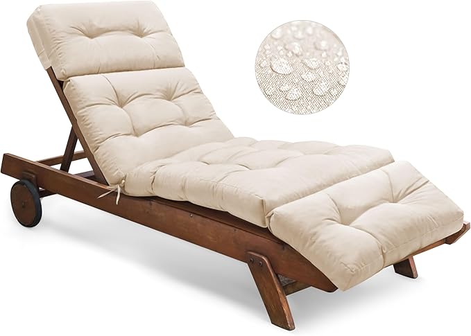 Outdoor Chaise Lounge Chair Cushion Waterproof 74.4 x 22 x 4.7 Inches Memory Foam Lounge Chair Cushions Replacement for Outdoor Furniture with Ties, Thickened Pool Lounge Chair Cushion, Beige