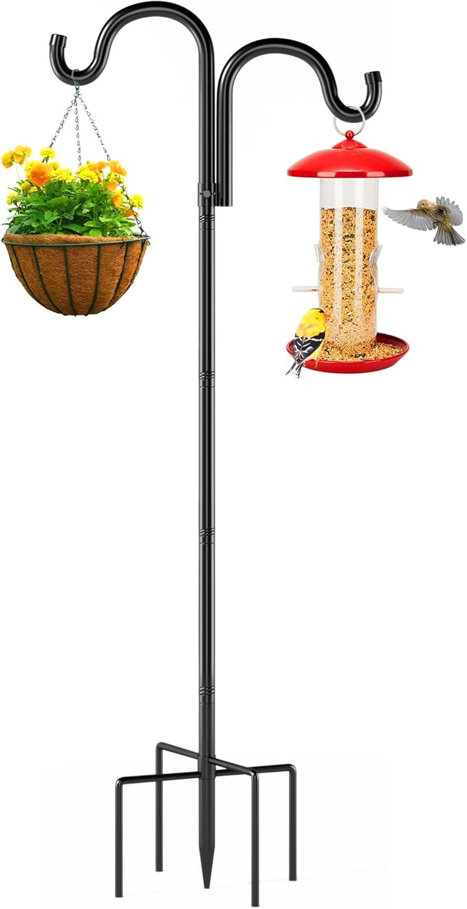 Double Shepherds Hooks for Outdoor,92" Heavy Duty Bird Feeder Pole with 5 Prong Base, Adjustable Shepherds Hook for Bird feeders Outside, Garden, Weddings, Hanging Plants, 1 Pack, Black
