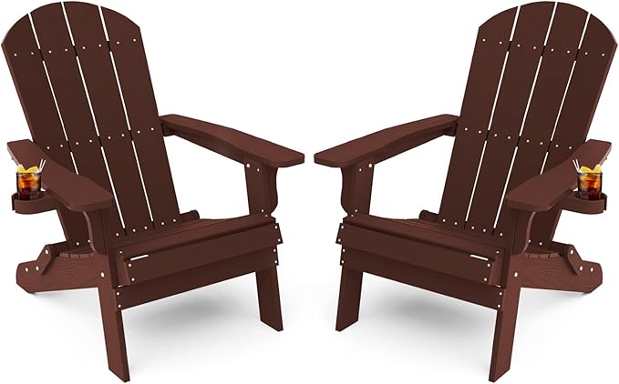 YEFU Adirondack Chair Set of 2, Folding Oversized Plastic Adirondack Chair with Cup Holder, Lawn Chair with Weather Resistant for Outdoor Deck Garden, Weight Capacity Up to 400 Lbs–Mahogan