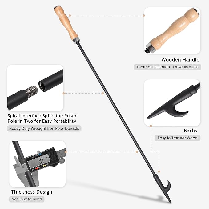26" Fireplace Fire Pit Tongs & 32" Fire Pit Poker, Fireplace Wood Stove Firewood Tongs, Black Heavy Duty Wrought Iron Log Grabber Tools for Campfire, Bonfires, Indoor & Outdoor Use