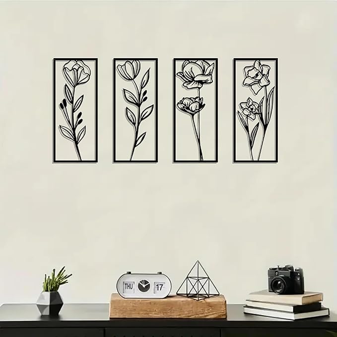 DUOOLN Metal Flowers Wall Art Decor, 4pcs Minimalism Flower Hanging Iron Decoration, Modern Plant Potted Art Sculpture Sign, Home Bedroom Bathroom Outdoor Indoor Kitchen Feature Wall-15.7x6.69in