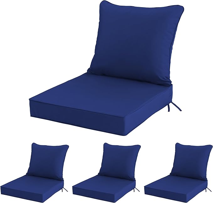 22x22 Inch Patio Chair Cushions Set of 4, Outdoor Furniture Cushions - Removable Cover, Water-Repellent, Fade-Resistant, Non-Slip Bottom & Straps, Replacement for Lawn, Porch & Deck Chair - Navy