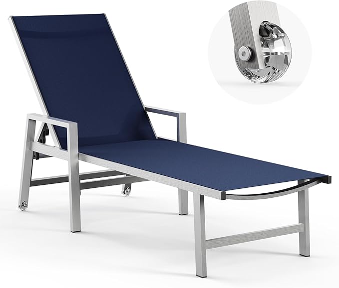 Patio Chaise Lounge Chair Outdoor with Wheels&Armrests, Aluminum Pool Lounge Chairs 5-Position Adjustable Recliner, Outdoor Beach Lounge Chairs for Poolside, Patio, Deck, Yard, Navy Blue