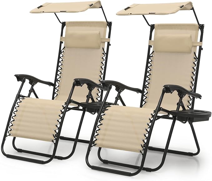 Magshion Zero Gravity Chair with Canopy Set of 2, Reclining Outdoor Patio Lounge Chair, Folding Anti Gravity Recliner, Portable Lounger with Removable Cup Holder Side Tray and Pillow Headrest (Cream)
