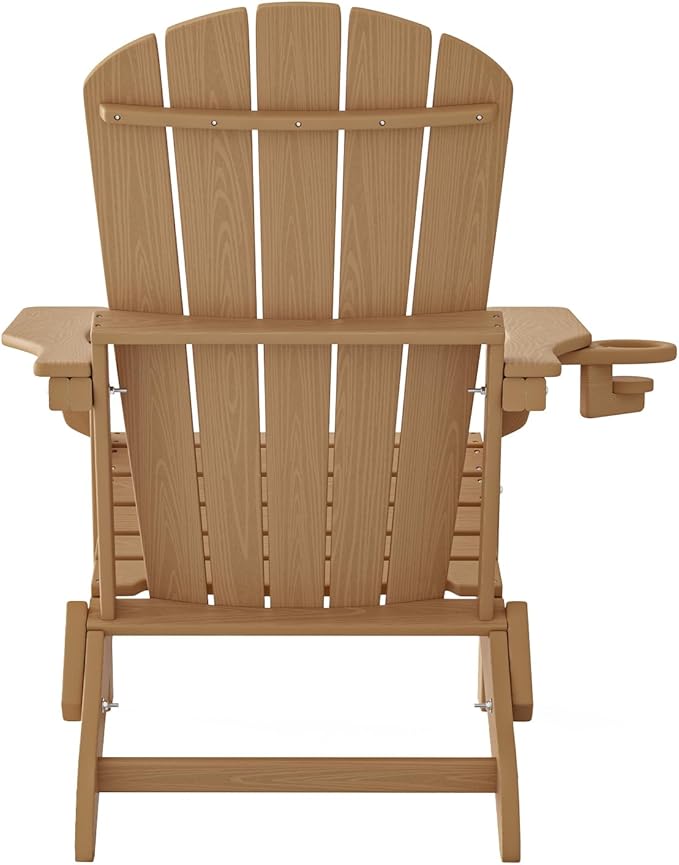 Plawdlik Folding Adirondack Chair Set of 2,Cup Holder,SGS Tested, Wooden Textured,Heavy All-Weather HDPE Comfortable Set,Poolside Backyard Lawn Use,Teak