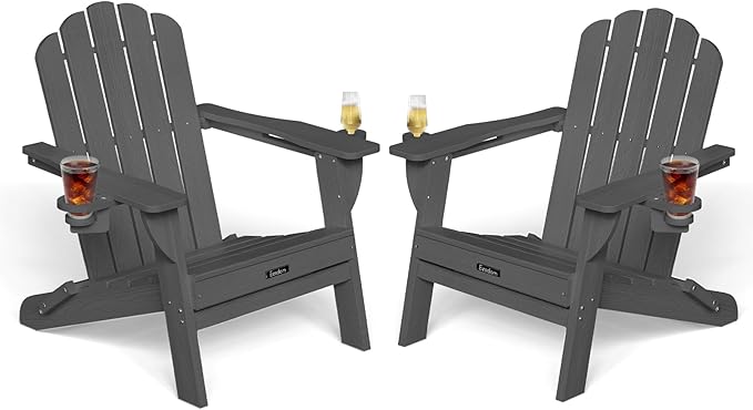 Adirondack Chairs Set of 2, HDPE Material Fire Pit Chairs, Plastic Adirondack Chairs with 2 Cup Holder, Outdoor Lawn Chair for Patio Garden，Dark Grey